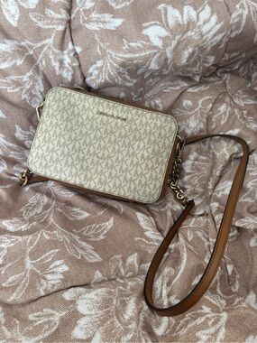 Michael Kors Cream & Tan Signature MK Crossbody Bag